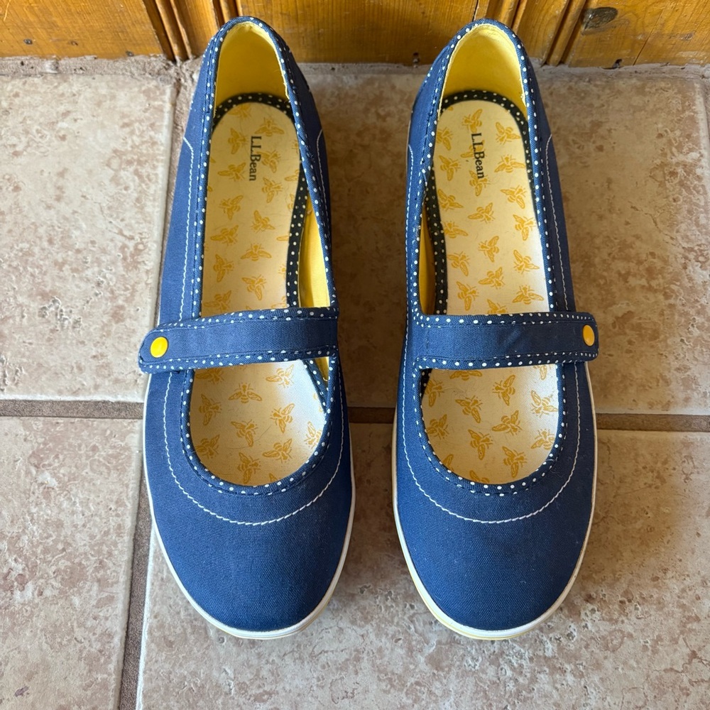 L.L. Bean Navy Blue Canvas Mary Jane Flats with Yellow Accent